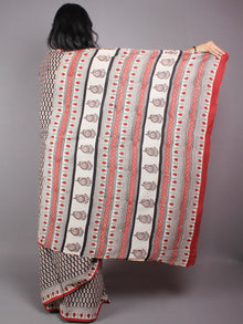 Beige Black Red Dabu Cotton Hand Block Printed Saree - S03170370
