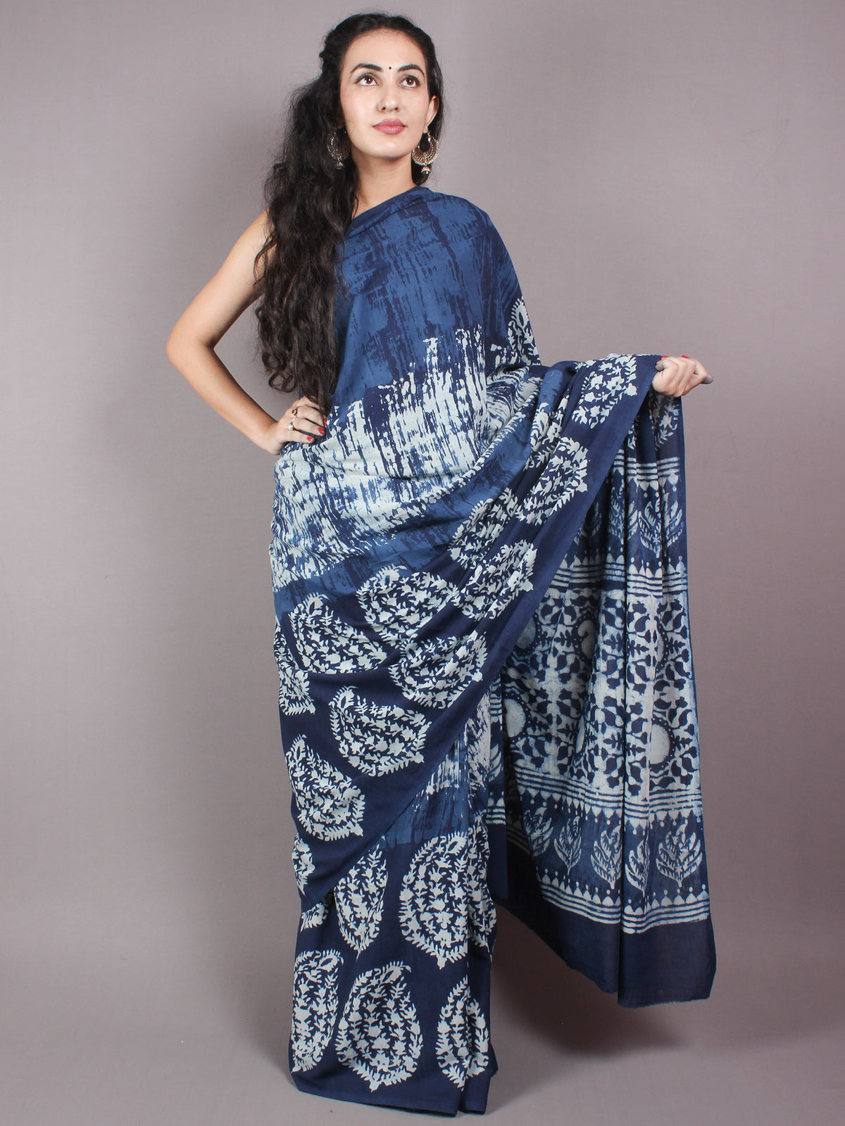 Indigo Cotton Hand Block Printed Saree in Natural Colors - S03170249