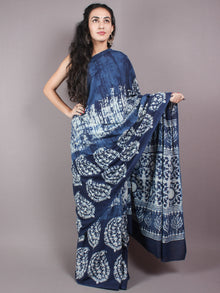 Indigo Cotton Hand Block Printed Saree in Natural Colors - S03170249
