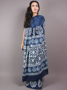 Indigo Cotton Hand Block Printed Saree in Natural Colors - S03170249
