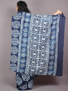 Indigo Cotton Hand Block Printed Saree in Natural Colors - S03170249