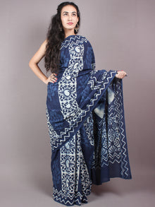 Indigo Cotton Hand Block Printed Saree in Natural Colors - S03170250