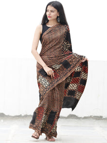 Coffee Brown Black Red Ivory Ajrakh Hand Block Printed Modal Silk Saree in Natural Colors - S031703713