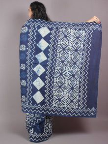 Indigo Cotton Hand Block Printed Saree in Natural Colors - S03170250