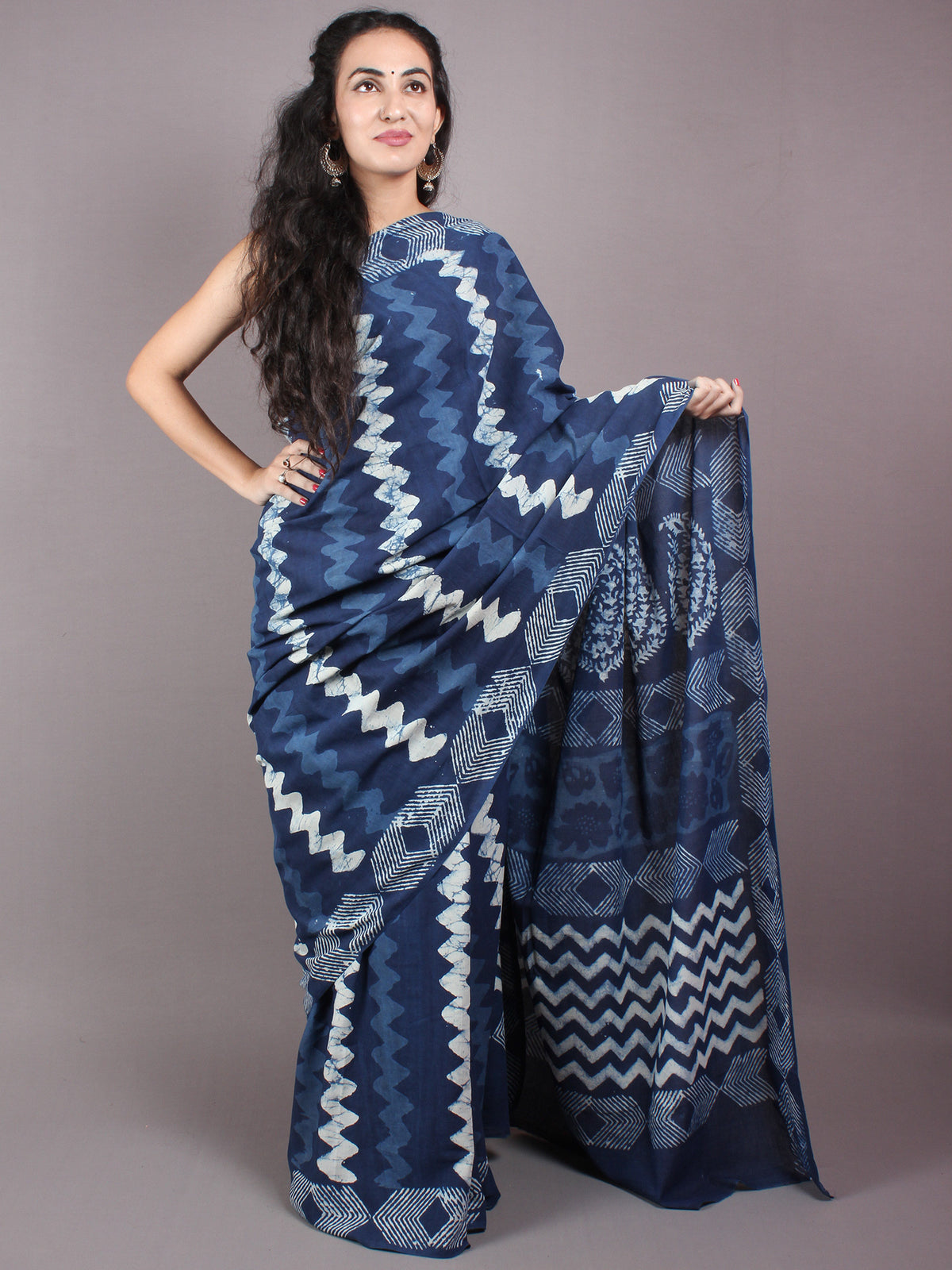 Indigo Cotton Hand Block Printed Saree in Natural Colors - S03170251