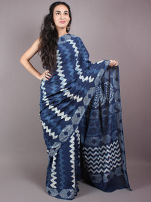 Indigo Cotton Hand Block Printed Saree in Natural Colors - S03170251