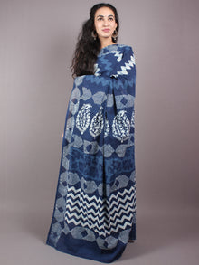 Indigo Cotton Hand Block Printed Saree in Natural Colors - S03170251