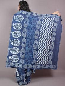 Indigo Cotton Hand Block Printed Saree in Natural Colors - S03170251