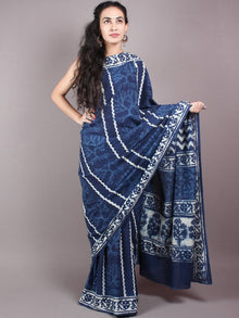 Indigo Cotton Hand Block Printed Saree in Natural Colors - S03170252