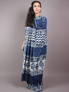 Indigo Cotton Hand Block Printed Saree in Natural Colors - S03170252