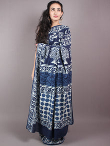 Indigo Cotton Hand Block Printed Saree in Natural Colors - S03170245
