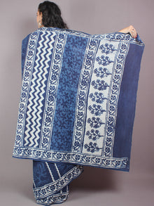 Indigo Cotton Hand Block Printed Saree in Natural Colors - S03170252