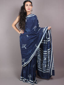 Indigo Cotton Hand Block Printed Saree in Natural Colors - S03170254