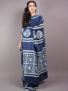 Indigo Cotton Hand Block Printed Saree in Natural Colors - S03170254