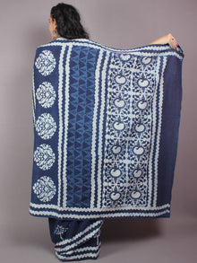 Indigo Cotton Hand Block Printed Saree in Natural Colors - S03170254