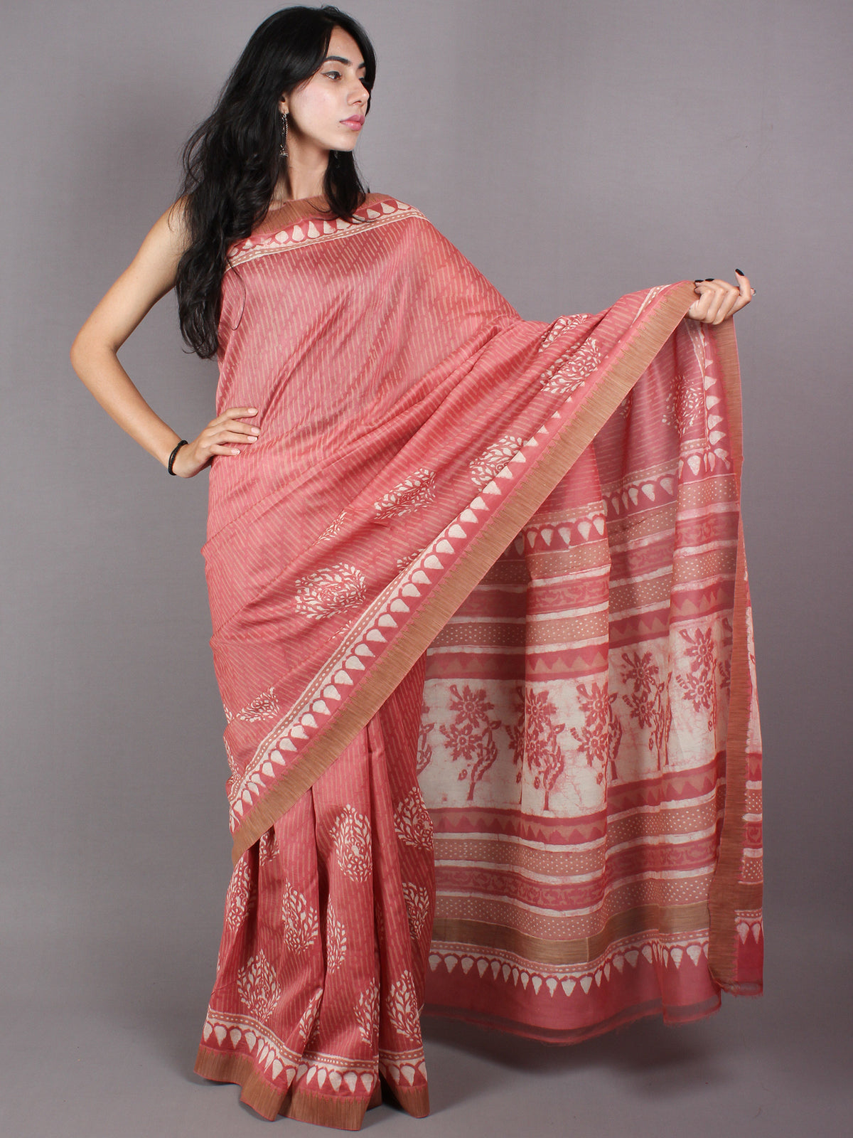 Pastel Peach Beige White Hand Block Printed in Natural Vegetable Colors Chanderi Saree With Geecha Border - S03170371