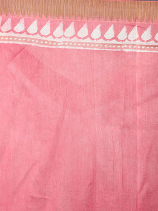 Pastel Peach Beige White Hand Block Printed in Natural Vegetable Colors Chanderi Saree With Geecha Border - S03170371