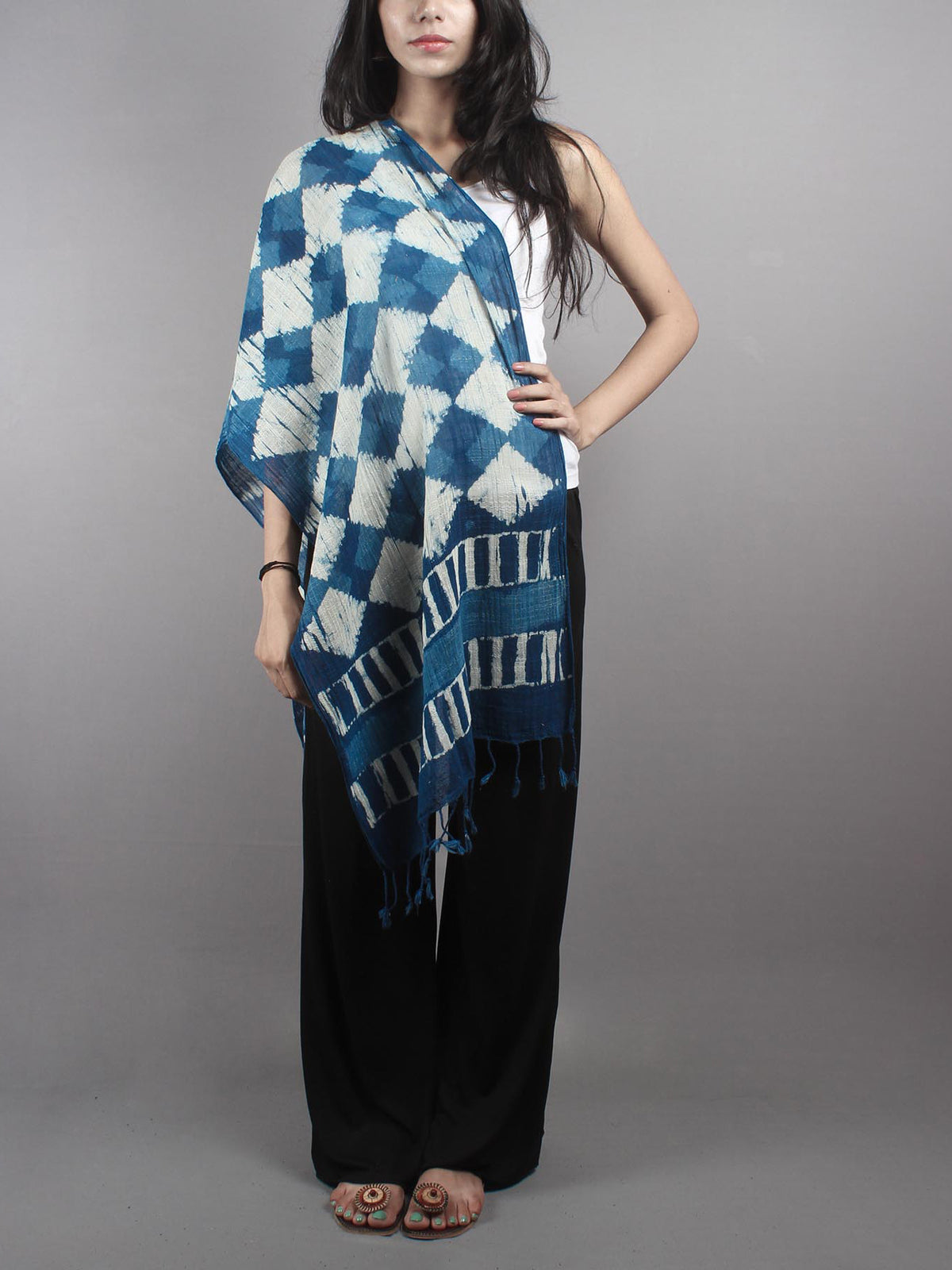 Indigo Bagru Hand Printed Handloom Cotton Stole- S6317003