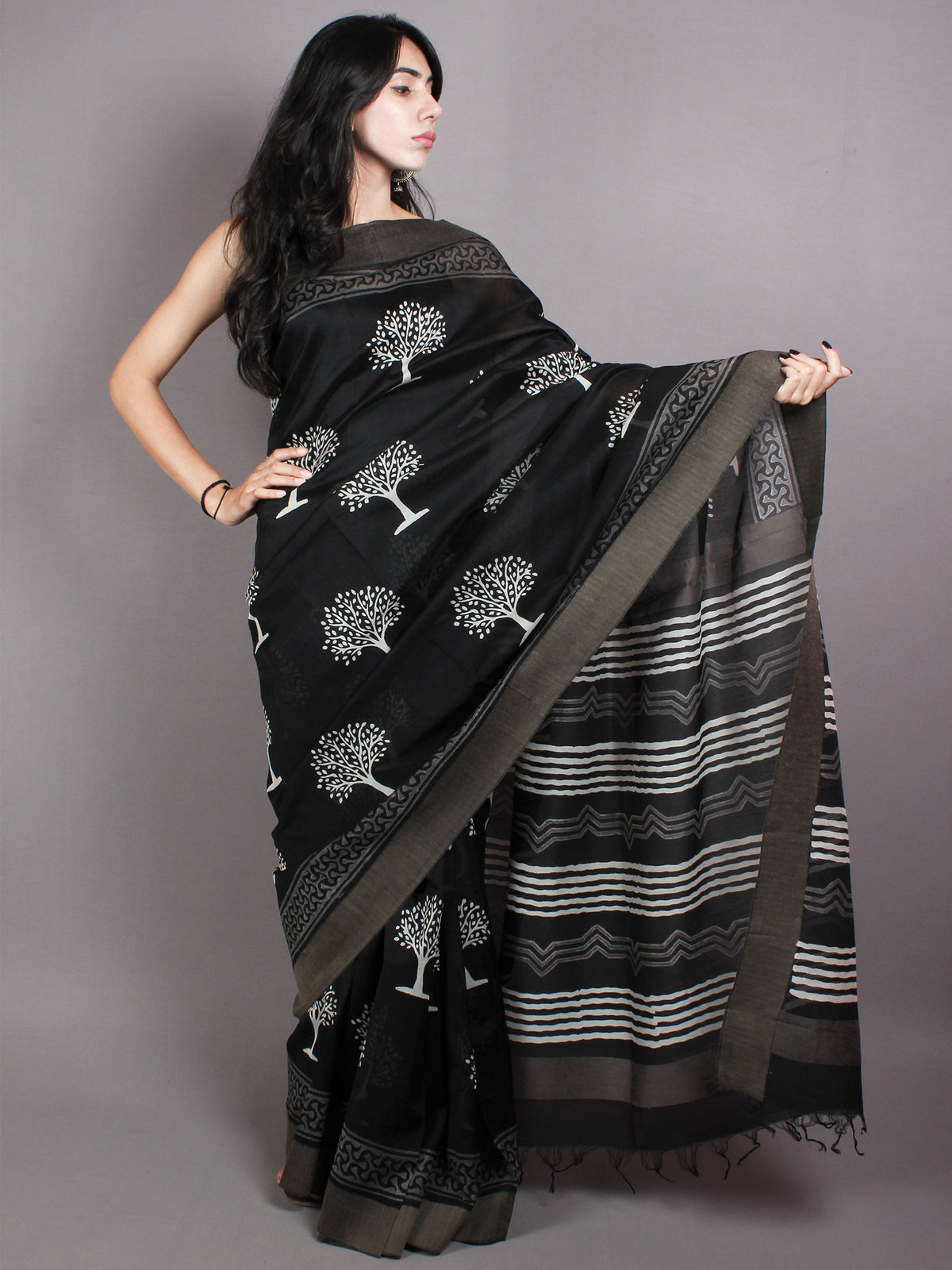 Black White Hand Block Printed in Natural Vegetable Colors Chanderi Saree With Geecha Border - S03170374