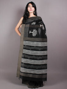 Black White Hand Block Printed in Natural Vegetable Colors Chanderi Saree With Geecha Border - S03170374