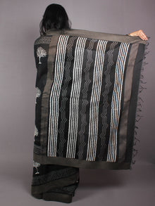 Black White Hand Block Printed in Natural Vegetable Colors Chanderi Saree With Geecha Border - S03170374