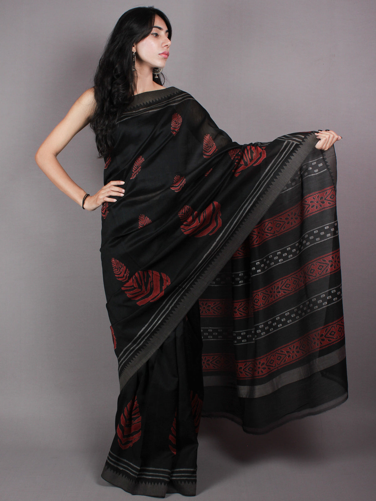Black Red Hand Block Printed in Natural Vegetable Colors Chanderi Saree With Geecha Border - S03170375