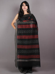 Black Red Hand Block Printed in Natural Vegetable Colors Chanderi Saree With Geecha Border - S03170375