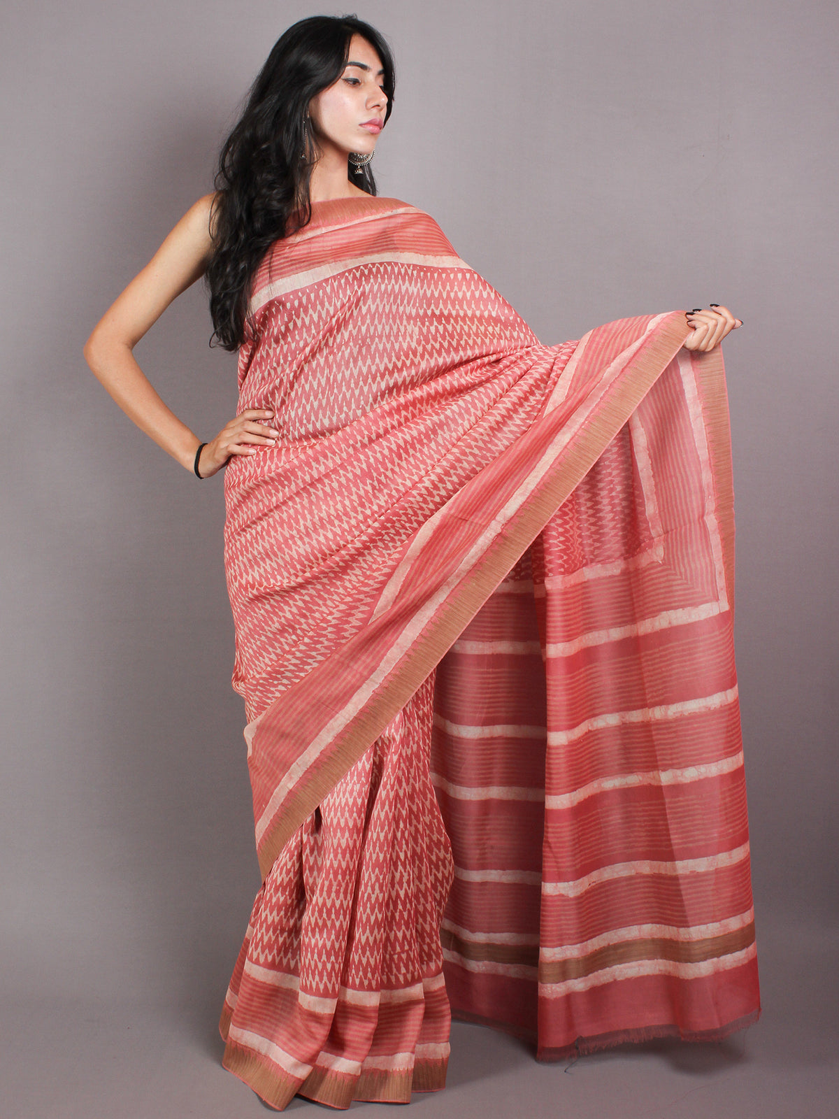 Pastel Peach Beige White Hand Block Printed in Natural Vegetable Colors Chanderi Saree With Geecha Border - S03170378