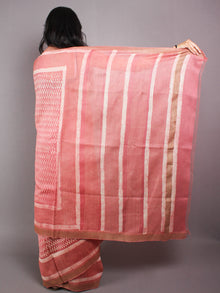 Pastel Peach Beige White Hand Block Printed in Natural Vegetable Colors Chanderi Saree With Geecha Border - S03170378