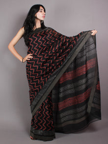 Black Red Leheria Hand Block Printed in Natural Vegetable Colors Chanderi Saree With Geecha Border - S03170379