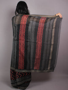 Black Red Leheria Hand Block Printed in Natural Vegetable Colors Chanderi Saree With Geecha Border - S03170379