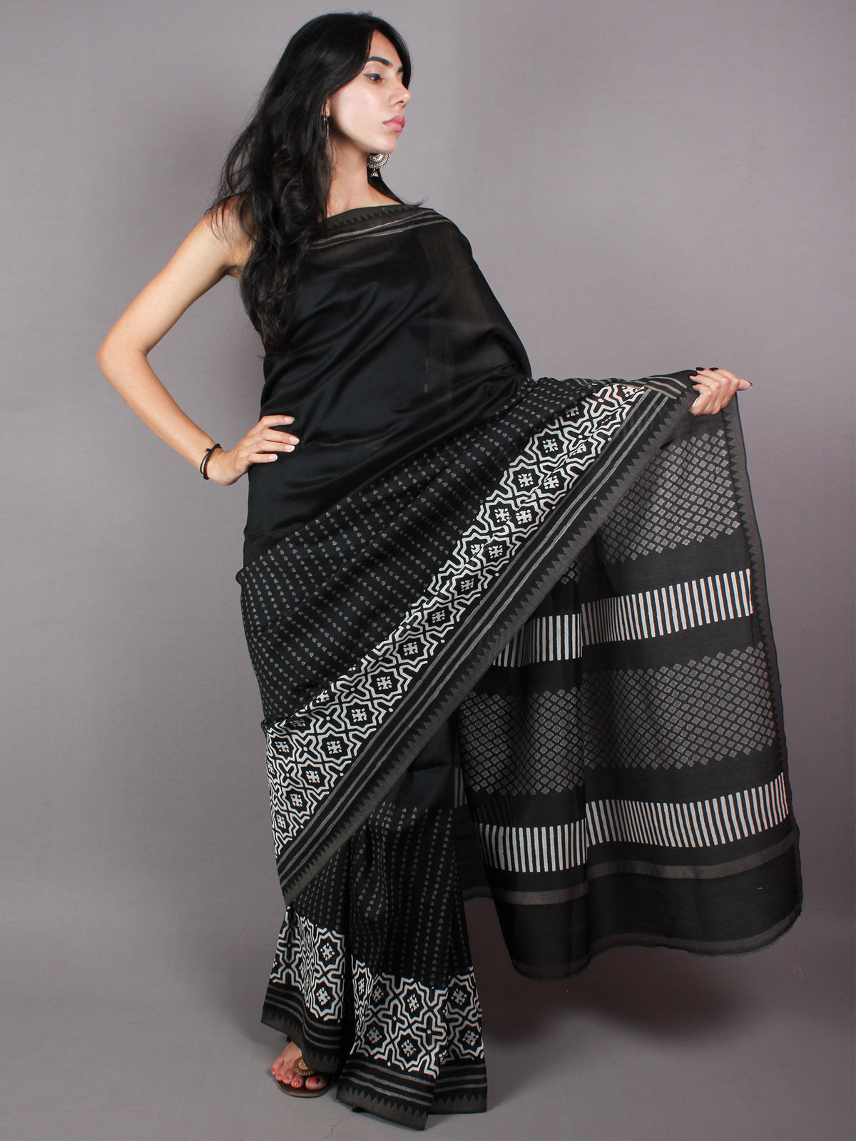 Black White Grey Hand Block Printed in Natural Vegetable Colors Chanderi Saree With Geecha Border - S03170382