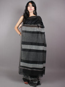 Black White Grey Hand Block Printed in Natural Vegetable Colors Chanderi Saree With Geecha Border - S03170382