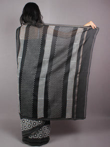 Black White Grey Hand Block Printed in Natural Vegetable Colors Chanderi Saree With Geecha Border - S03170382
