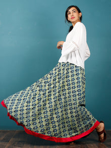 Indigo Green Black Hand Block Printed Skirt With Magenta Border  - S40F683