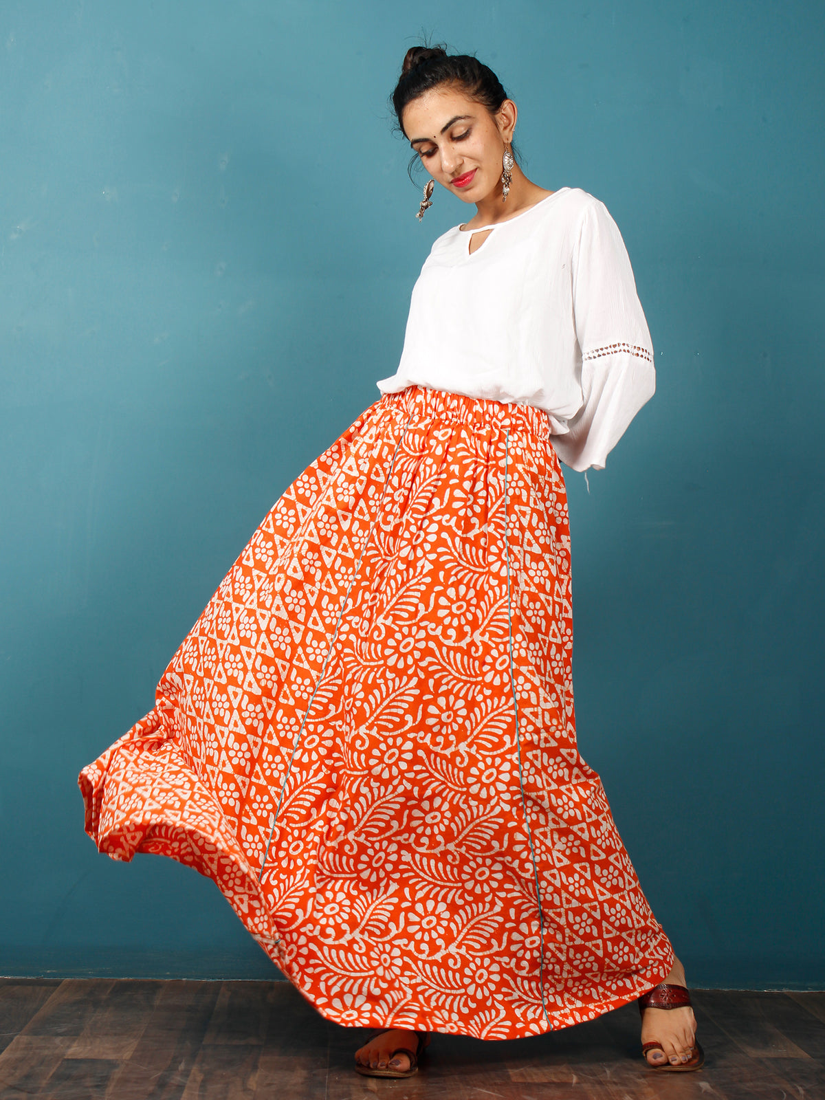 Orange White Teal Green Hand Block Printed Kali Skirt  - S40F340