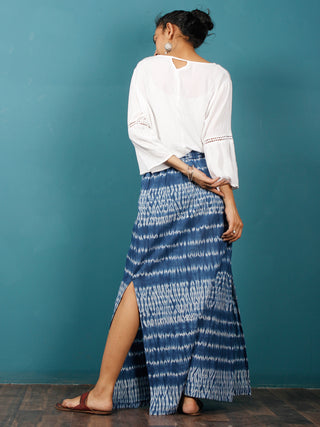 Indigo White Shibori Hand Block Printed Straight Skirt With Side Slits - S40F293