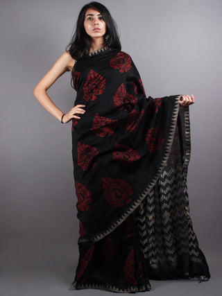 Black Red Chanderi  Hand Block Printed Saree With Geecha Border - S0317059