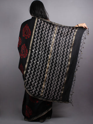 Black Red Chanderi  Hand Block Printed Saree With Geecha Border - S0317059