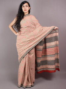 Beige Red Cotton Hand Block Bagru Printed Saree - S03170339