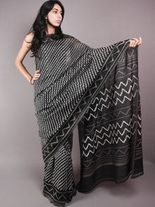 Black White Hand Block Printed in Natural Vegetable Colors Chanderi Saree With Geecha Border - S03170311