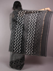 Black White Hand Block Printed in Natural Vegetable Colors Chanderi Saree With Geecha Border - S03170311