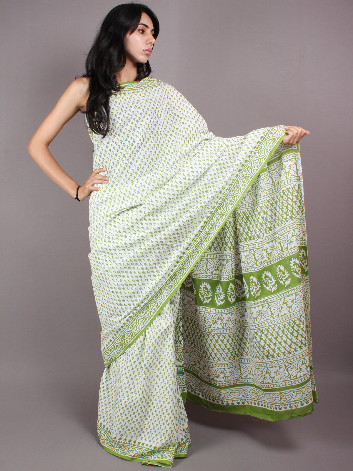 White Mint Green Cotton Hand Block Bagru Printed Saree - S03170346
