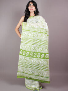 White Mint Green Cotton Hand Block Bagru Printed Saree - S03170346