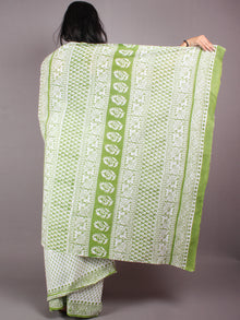White Mint Green Cotton Hand Block Bagru Printed Saree - S03170346