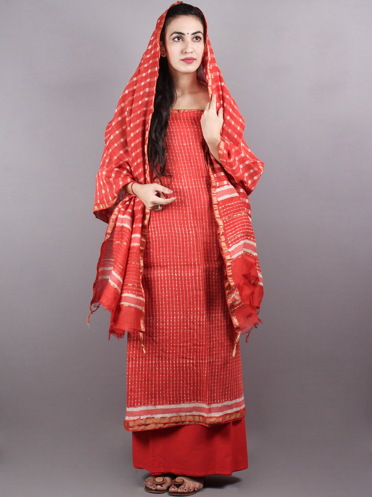 Red White Hand Block Printed Chanderi Unstitched Kurta & Chanderi Dupatta With Cotton Salwar - S1628004