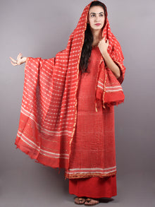 Red White Hand Block Printed Chanderi Unstitched Kurta & Chanderi Dupatta With Cotton Salwar - S1628004