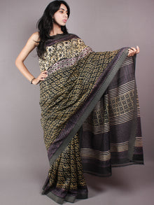 Black Yellow Hand Block Printed in Natural Vegetable Colors Chanderi Saree With Geecha Border - S03170312
