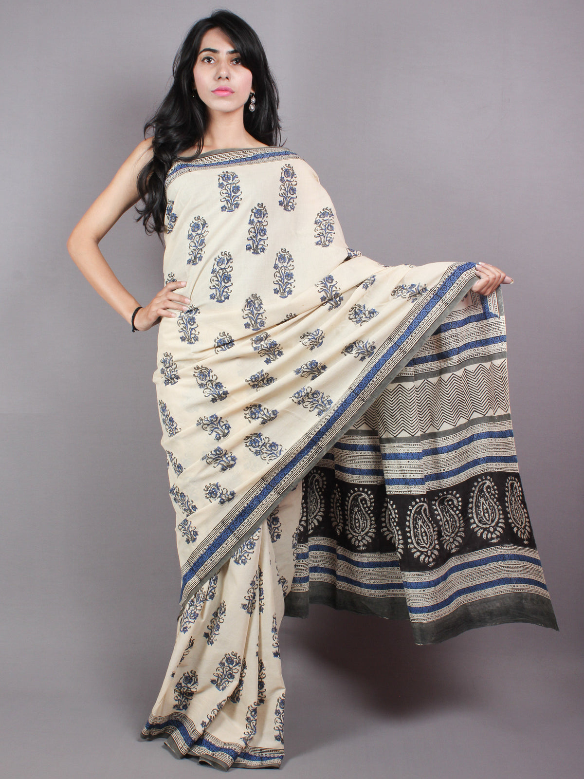 Ivory Blue Cotton Hand Block Printed Saree - S03170409