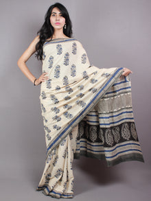 Ivory Blue Cotton Hand Block Printed Saree - S03170409